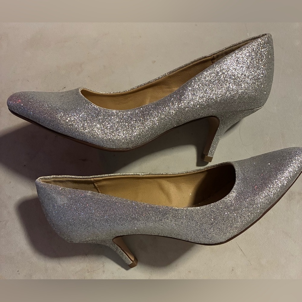 Cityclassified Silver Sparkle Glitter Kitten Heels 2” Slip-On Pointed Toe